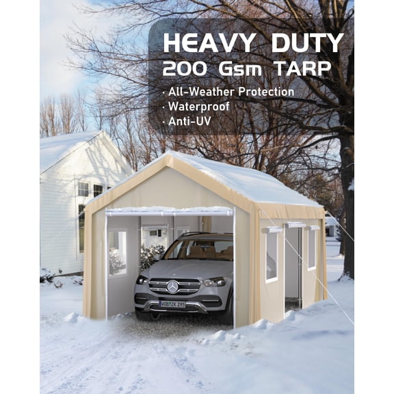 Heavy Duty 13x20 Ft Carport Garage - Outdoor Storage Shelter - 8 Reinforced Legs, 180G PE Roof, Removable 140G Side Tarpaulin, 4 Roll-Up Doors, Ventilated Windows - Yellow