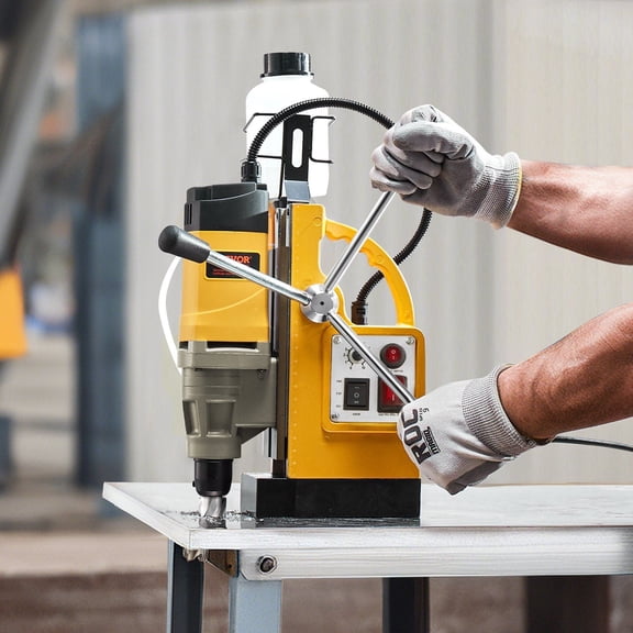 Heavy Duty 1450W Magnetic Drill Press, 2878 lbf, 2 Inch Boring Diameter, 6 Drill Bits Included, Yellow  Steel Metal Drilling Tool