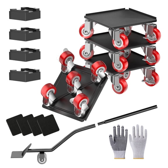 Heavy Duty 1500LBS Furniture Dolly & Movers with 5X 360° Wheels - Carbon Steel Panel & Non-Slip Casters, Includes Lifter Jacks (5.4 Inch, Red)