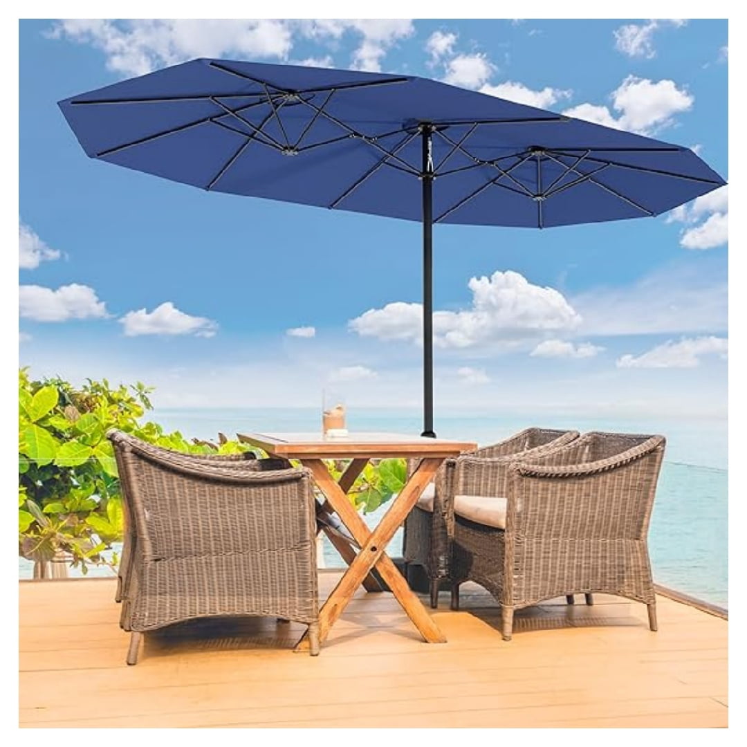 Heavy Duty 15FT Patio Umbrella with Weighted Base - Double-Sided Sun Shade for Outdoor Dining, Poolside, Backyard (Crank Handle, UV Blocking Fits 2-8 People)