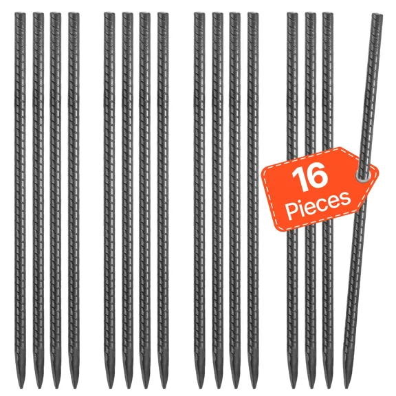 Heavy-Duty 16-Inch Galvanized Steel Rebar Stakes,0.45 in Diameter,Rust-Resistant Ground Anchors for Gardening,Fencing,Camping Tents-16-Pack