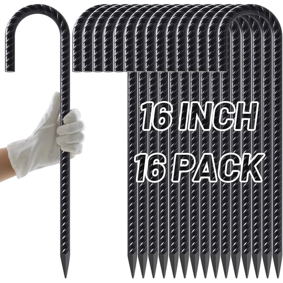 Heavy-Duty 16-Inch Rebar Stakes with J-Hook, 1/2-Inch Diameter, Black Powder-Coated, 16-Pack