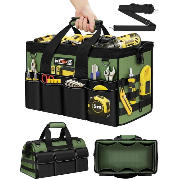 Heavy Duty 16-Inch Tool Bag - 19-Pocket Organizer, Portable Electrician Toolbox with Soft Handle, Gift for Men/Dad/Husband/Mechanic/Plumber, Wide-Mouth Storage