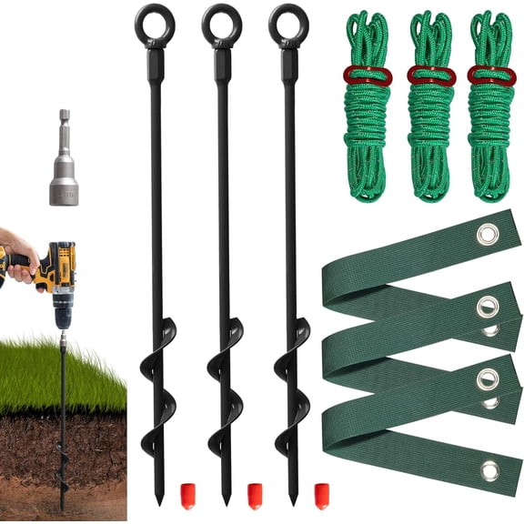 Heavy Duty 16 Tree Stakes and Supports for Young Trees, Set of 3 Tree Stake Kit with 3 Straps for Staking and 39 Feet Rope, Can be Used with Drill (Adapter Included) (Black - Set 3)$$Garden & Patio