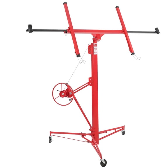 Heavy Duty 16FT Drywall Lift Panel Hoist Jack, 150 lbs Capacity, Telescopic Adjustable Arm, Collapsible, 3 Lockable Wheels, Ceiling & Wall Lifting Tool, Red