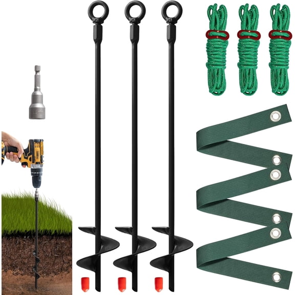 Heavy Duty 18 Tree Stakes and Supports for Young Trees, Set of 3 Tree Stake Kit with 3 Straps for Staking and 39 Feet Rope, Can be Used with Drill (Adapter Included) (Black - Set 3)