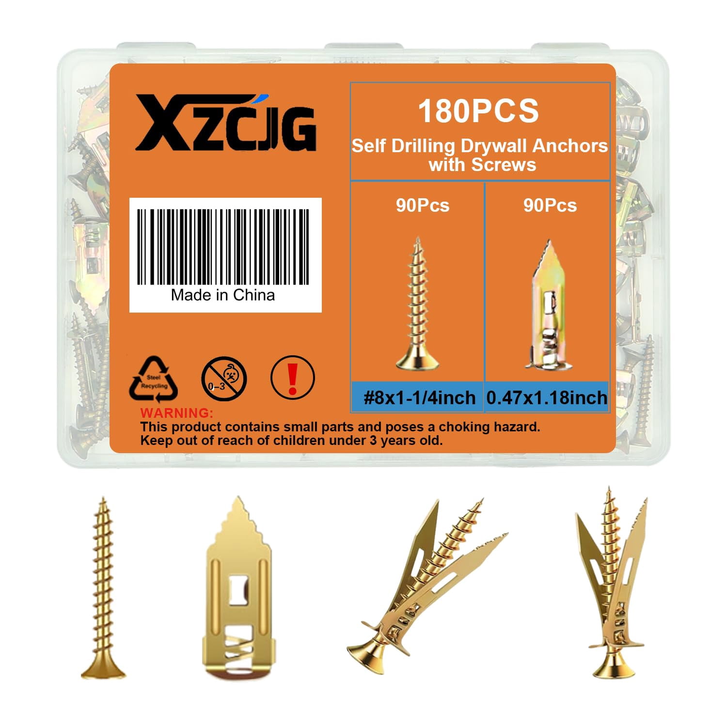 Heavy Duty 180 Pcs Self Drilling Drywall Anchors with Screws Kit,0.47x1.18 Inch,Zinc Plated Steel,No Drill Needed,Holds 55LB for TV, Shelf, Decor, Picture Frame Wall Mounting