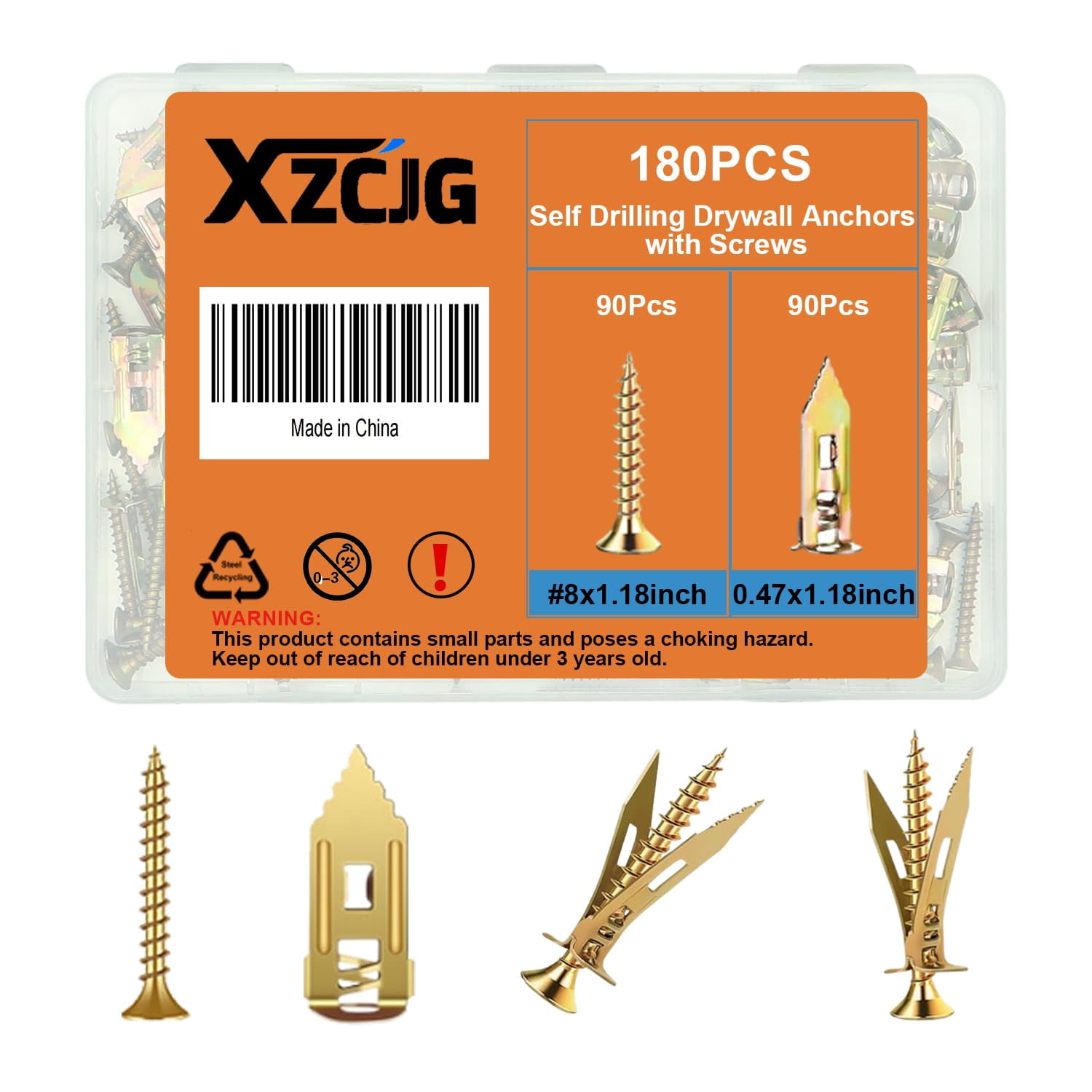 Heavy Duty 180 Pcs Self Drilling Drywall Anchors with Screws Kit,0.47x1.18 Inch,Zinc Plated Steel,No Drill Needed,Holds 55LB for TV, Shelf, Decor, Picture Frame Wall Mounting