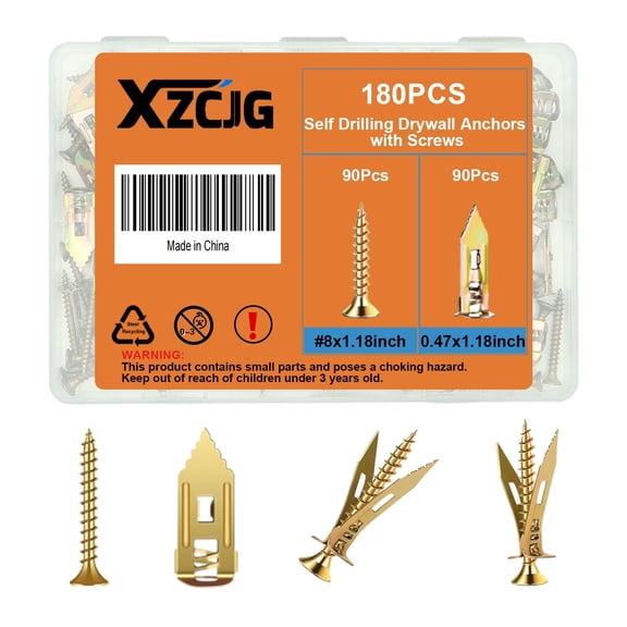 Heavy Duty 180 Pcs Self Drilling Drywall Anchors with Screws Kit,0.47x1.18 Inch,Zinc Plated Steel,No Drill Needed,Holds 55LB for TV, Shelf, Decor, Picture Frame Wall Mounting