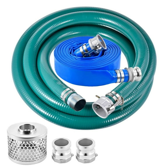 Heavy Duty 2 Inch Suction Hose Pump Kit - 65Ft Blue PVC Discharge Tube & 20Ft Suction Hose with Round Hole Strainer, Cam & Groove Adapter - Ideal for Industrial and Agricultural Use