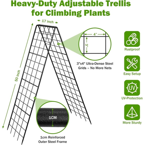 Heavy Duty 2 Pack Adjustable A-Frame Trellis 50"x17" | Rust-Proof Metal Dense Grid for Outdoor Raised Beds, Cucumber, Tomatoes & Climbing Plants