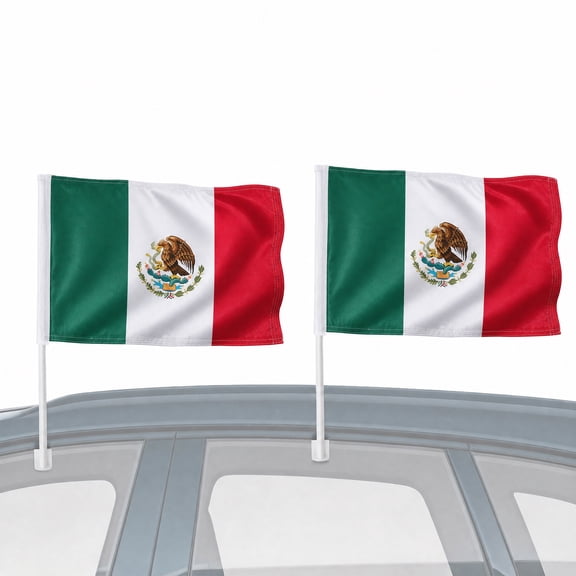 Heavy Duty 2 Pack Football Event Mexico Car Flags 11" x 17" Mexican Flag for Car Window Tear Resistant 2-Layer Warp Knitted Polyester W/ Thickened Pole & Window Clip