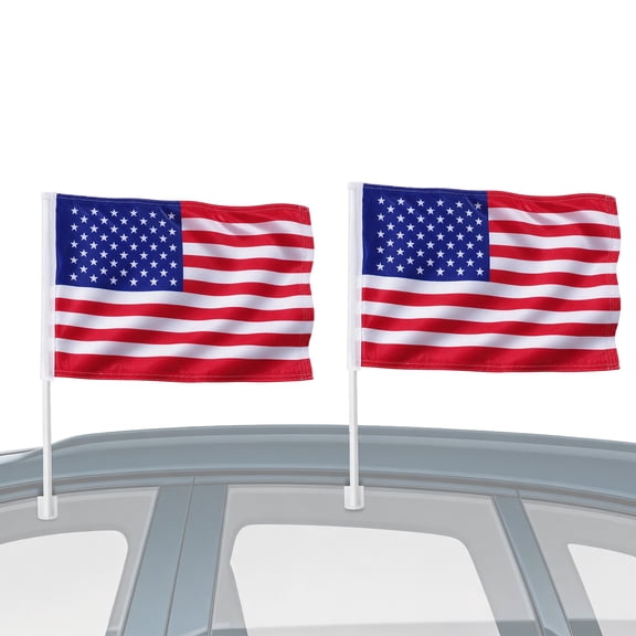Heavy Duty 2 Pack Football Event USA Car Flags 11" x 17" American Flag for Car Window Tear Resistant 2-Layer Warp Knitted Polyester W/ Thickened Flagpole & Window Clip