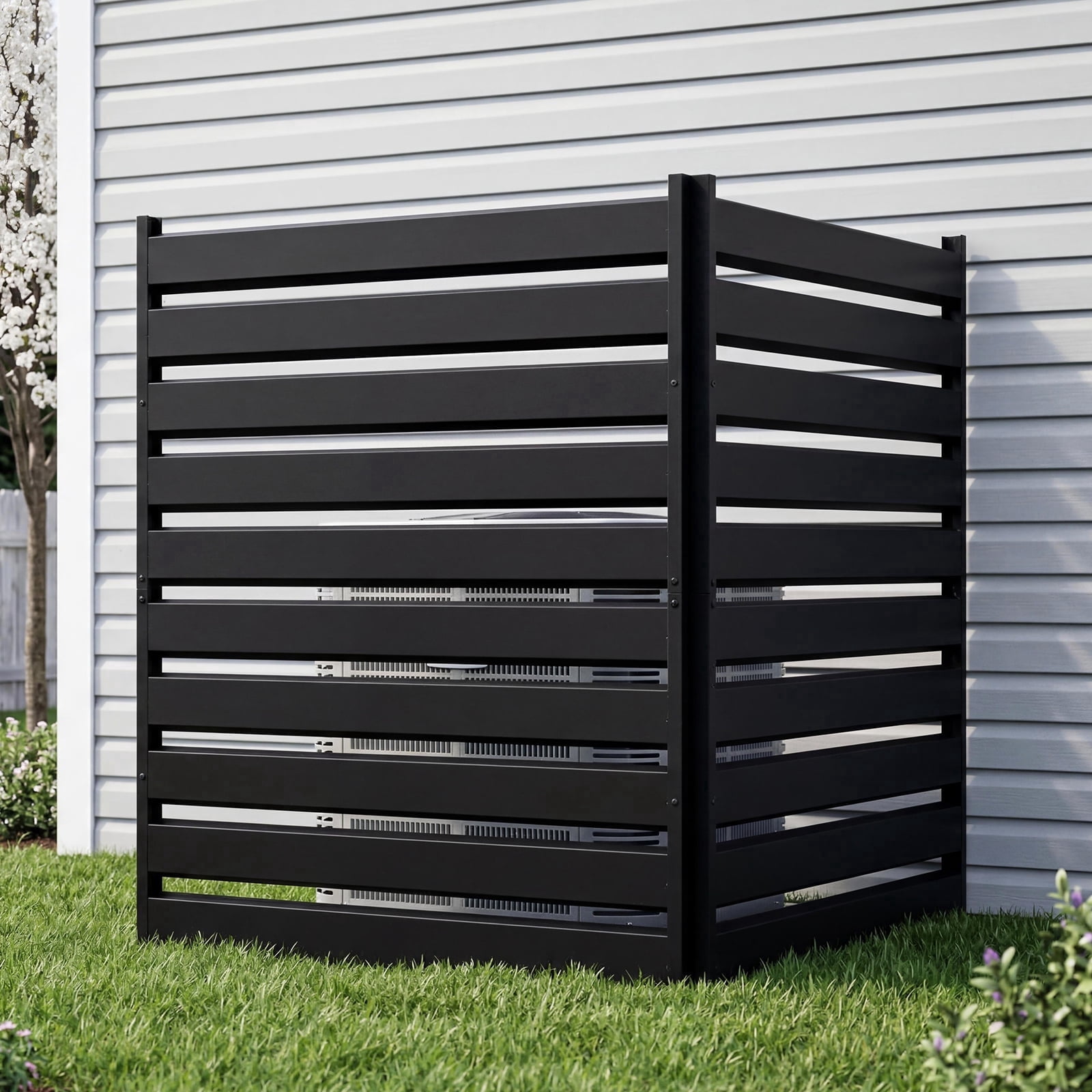 Heavy-Duty 2 Panels Black Metal Privacy Fence - Outdoor Decorative Screen for Garden, Patio, AC Units, Pool Equipment, Trash Bin - 38"W x 42"H - No-Dig Installation - Black