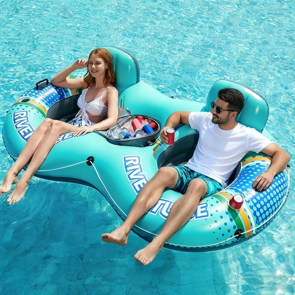 Heavy Duty 2 Person Inflatable River/Pool Tube Float with Removable Cooler, Tubes for Lake, Floating River Raft Lounge Floatie with 2 cup Holders For Adults, Cyan