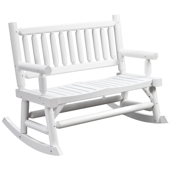 Heavy Duty 2-Person Log Rocking Chair, Wide Curved Seat Loveseat for Garden, Patio, and Backyard in White