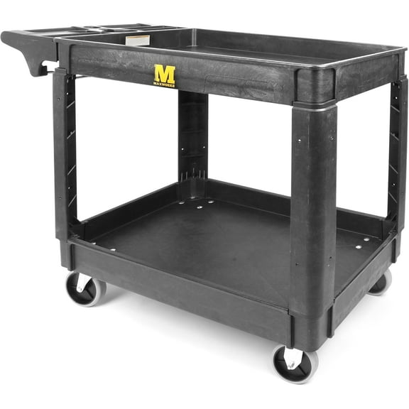 Heavy Duty 2Shelf Service Cart 500 lb Capacity Polypropylene Utility Cart with 5" NonMarring Casters Deep Trays and BuiltIn Tool Storage for Garage Warehouse Workshop (80855)