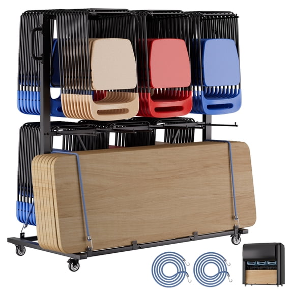 Heavy-Duty 2-Tier Folding Chair Cart - 800LBS Storage Dolly with 360° Wheels & Dust Cover, Holds 84 Chairs or 42 Chairs + 12 Tables (5.9'L x 2.74'W x 5.57'H)