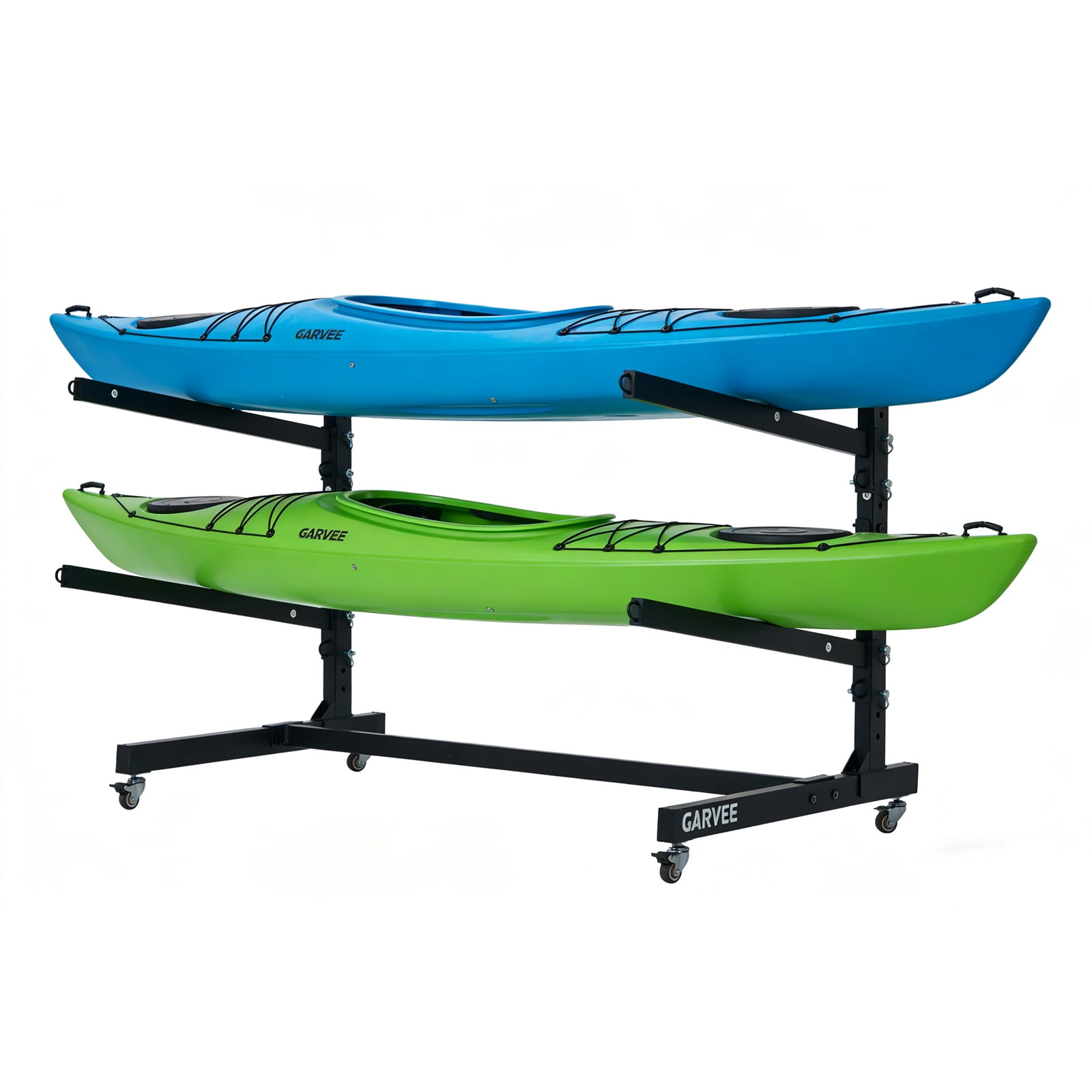 Heavy Duty 2-Tier Freestanding Kayak Storage Rack with Adjustable Wheels – Metal Stand Compatible with Kayaks, Canoes, SUPs, Surfboards – Indoor/Outdoor Garage Organizer, Portable, Rust-Resistant,