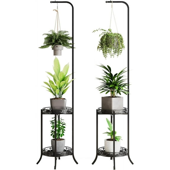 2-Tier Hanging Plant Stand 2-Pack, Iron Flower Pot Organizer with Multiple Display Shelves
