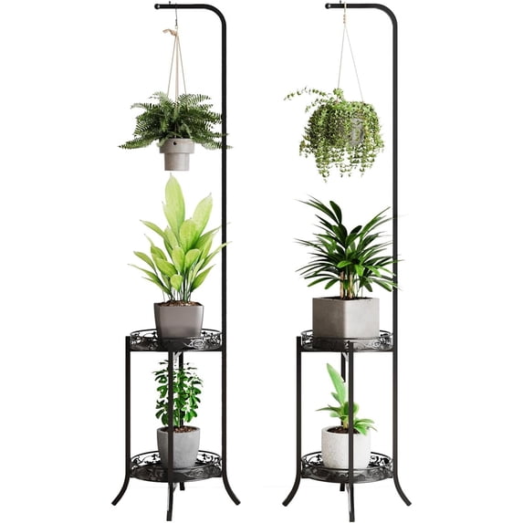 2-Tier Hanging Plant Stand 2-Pack, Iron Flower Pot Organizer with Multiple Display Shelves