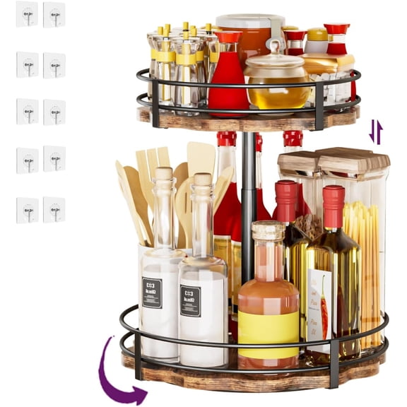 Heavy-Duty 2-Tier Lazy Susan Organizer, Adjustable to Different Heights, Countertop Spice Rack, Upgraded Thickened Wooden Board, Suitable for Seasoning Organizer, Kitchen Organization