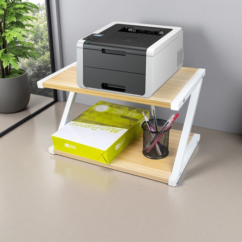 Heavy Duty 2 Tier Wood Desktop Printer Stand, Under Desk Organizer Table with Storage Shelves for Fax Machine Scanner, Home Office Equipment Rack with Adjustable Anti-Skid Feet