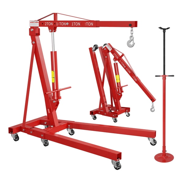 Heavy Duty 2 Ton Folding Hydraulic Engine Hoist & 3/4 Ton Underhoist Support Stand Combo – Steel Shop Crane Cherry Picker with 4-Position Adjustable Boom, Red