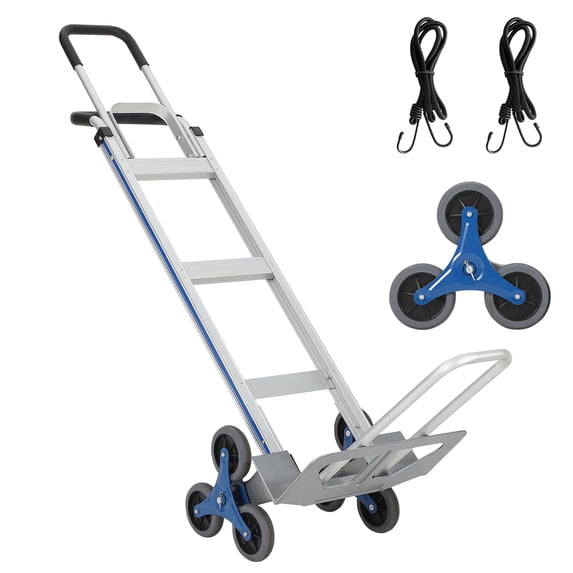 Heavy-Duty 2-in-1 Aluminum Stair Climbing Hand Truck – 600 lbs Capacity, Dual Handles, Extendable Base Plate, 6 Wheels, 2 Elastic Ropes – Versatile Trolley for Home, Warehouse, Shopping – Silver