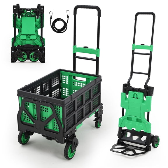 Heavy Duty 2-in-1 Folding Hand Truck, 330LB Capacity Platform Cart - Collapsible Basket, Bungee Rope, Retractable Handle, Durable Rubber Wheels - Easy Transport for Office, Luggage, Moving,Green