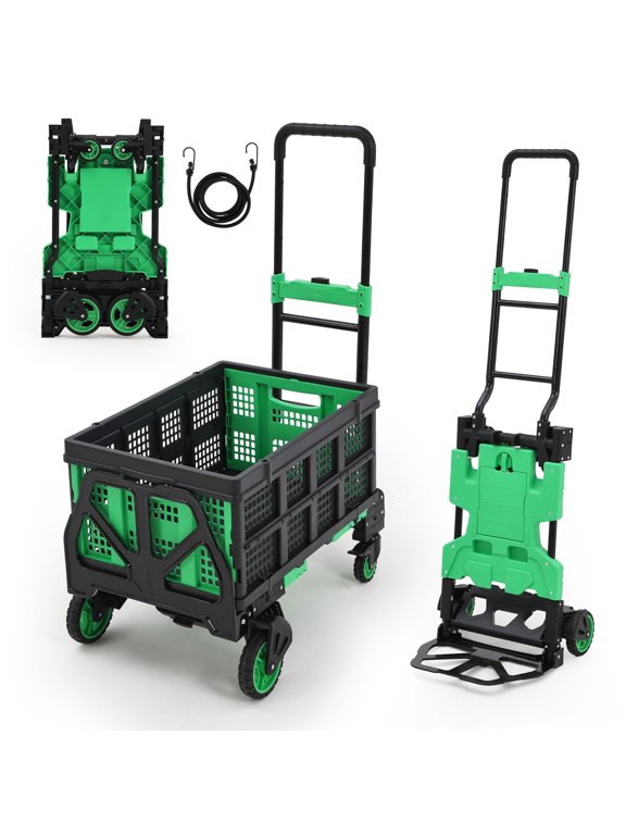 Heavy Duty 2-in-1 Folding Hand Truck, 330LB Capacity Platform Cart - Collapsible Basket, Bungee Rope, Retractable Handle, Durable Rubber Wheels - Easy Transport for Office, Luggage, Moving,Green