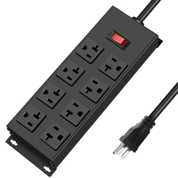 Heavy Duty 20 Amp Power Strip, Garage 8 Outlets Metal 12 Gauge Surge Protector 3000J, High Amp 5-15P Adapter