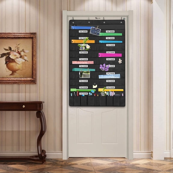 Heavy Duty 20 Pocket Door Hanging File Organizer with Name Tag Holders, Black Wall Storage Pocket Charts with 4 Hangers, Great for Classroom, School, Home or Office Use (20 Nametag Pocket)