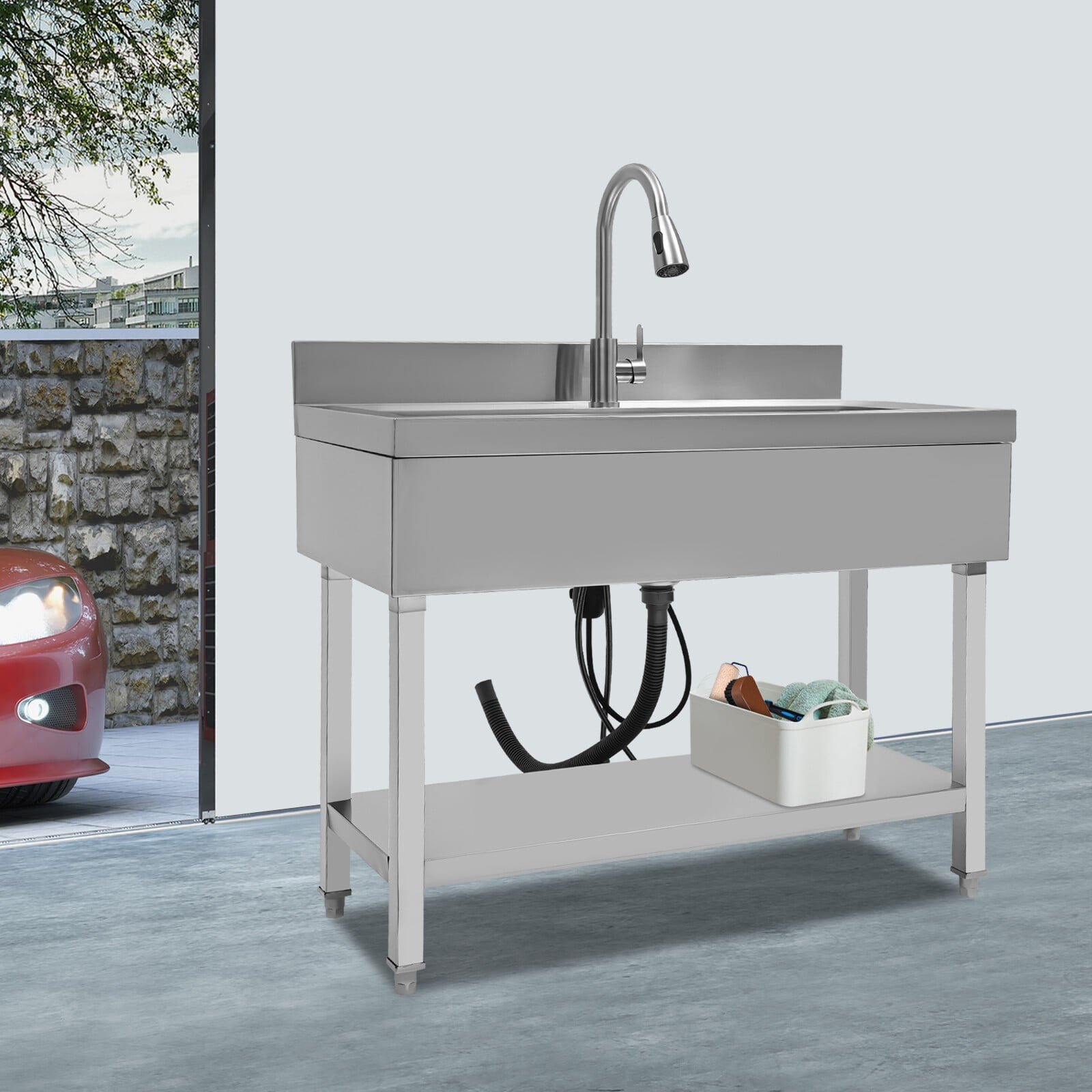 Heavy-Duty 201 Stainless Steel Sink with Dual-Mode Faucet，Utility Sink Single Bowl Kitchen Sink - 13.21 Gallon Capacity for Home & Commercial Use