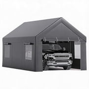 Heavy Duty 20x10 ft Portable Carport Tent   Waterproof PE Cover, 4 Roll-Up Doors, 4 Vent Windows   Large Outdoor Shelter for Trucks, Boats, Vehicles   Garage Storage   Gray
