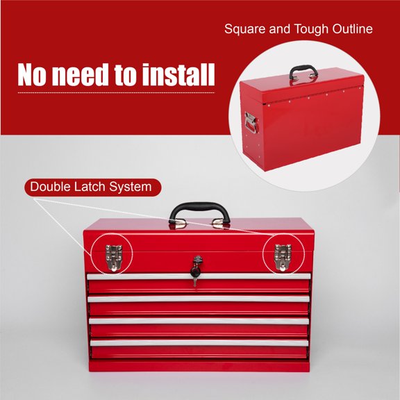 Heavy-Duty 21-Inch Metal Tool Box with 4 Drawers and EVA Liners, Portable Tool Chest with Ball Bearing Slides and Lock, Red