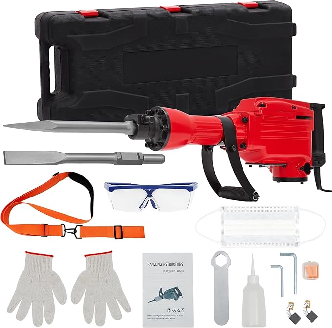 Heavy Duty 2200W Electric Demolition Jackhammer Set with 2 Piece, Demolition Jackhammer Gloves, Tool Box, and Wrench Professional for Superior Demolition Work.