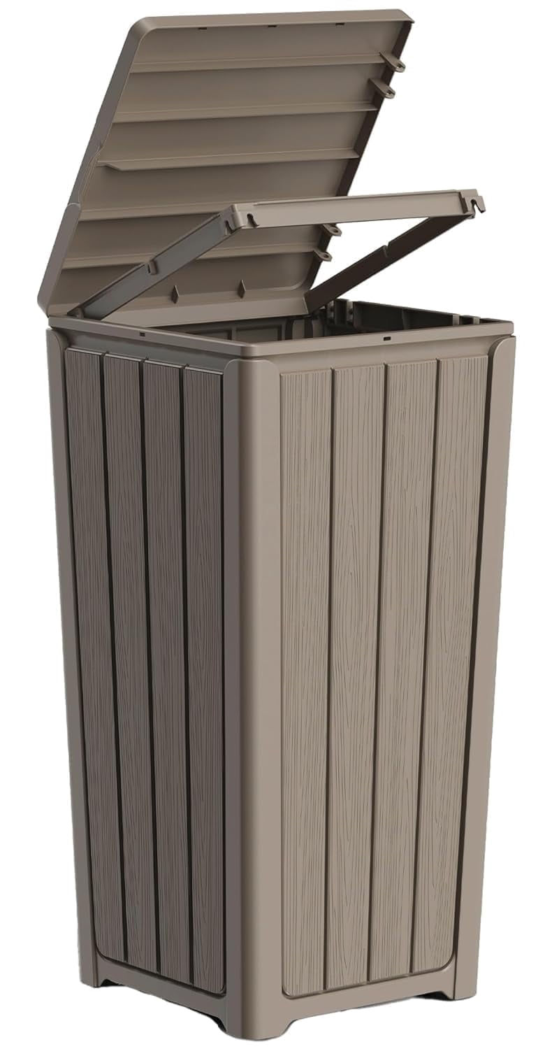 Heavy Duty 23 Gal Resin Trash Can – Indoor/Outdoor, Weatherproof, Easy-Clean Tray, Tool-Free Assembly（Shallow coffee,15.16*15.55*30.71)