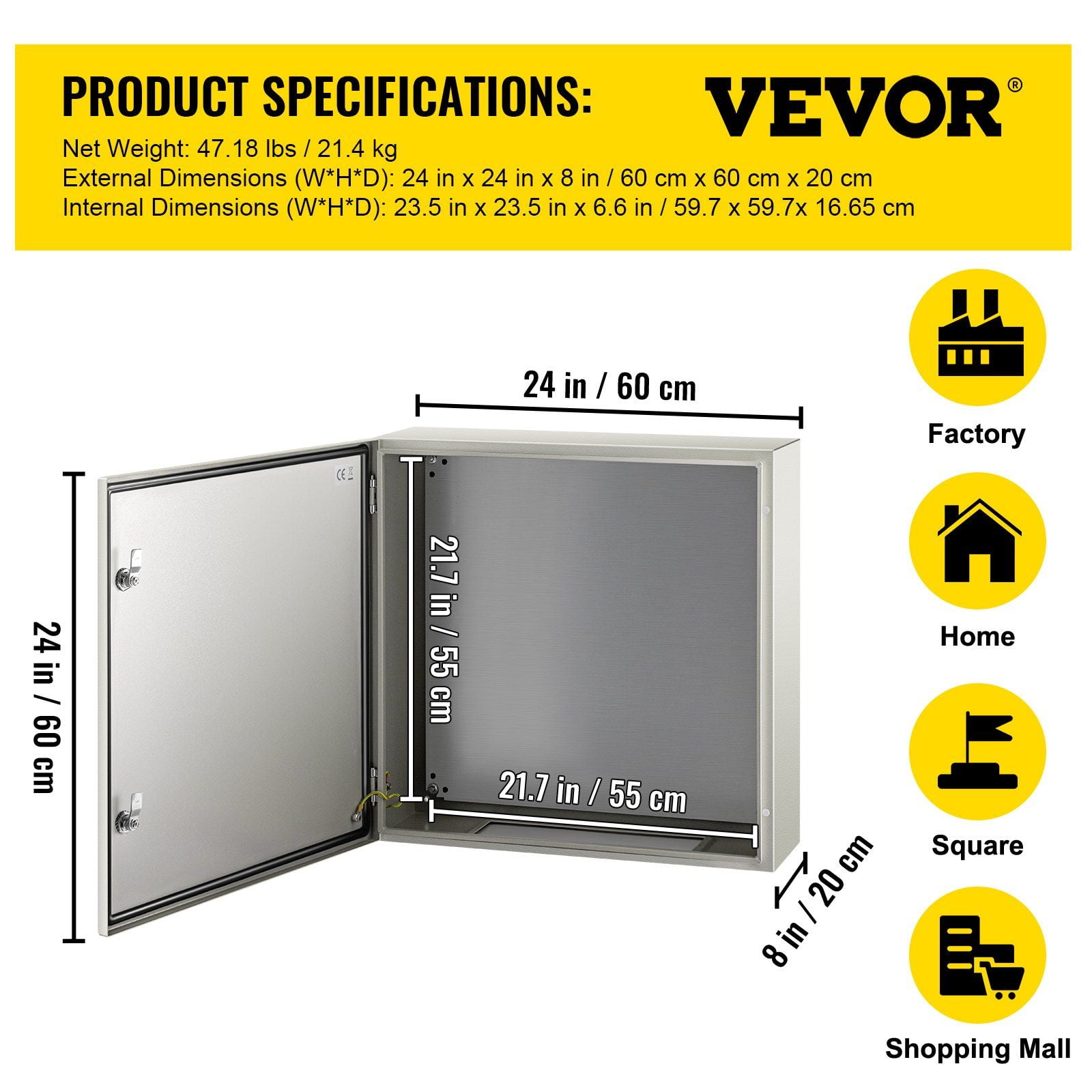 Heavy Duty 24x24x8'' NEMA 4X Steel Electrical Box, IP66 Waterproof & Dustproof, Outdoor Electrical Enclosure with Mounting Bracket