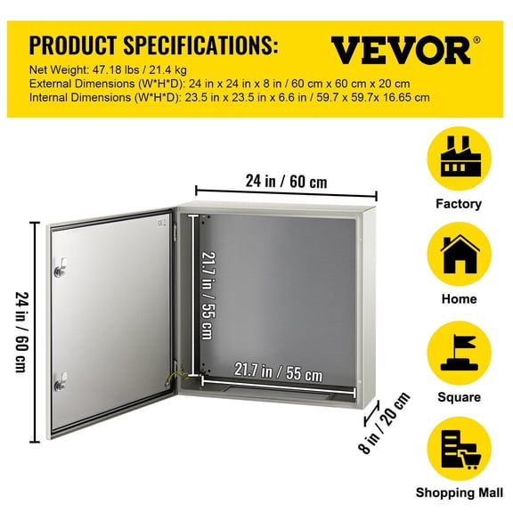 Heavy Duty 24x24x8'' NEMA 4X Steel Electrical Box, IP66 Waterproof & Dustproof, Outdoor Electrical Enclosure with Mounting Bracket