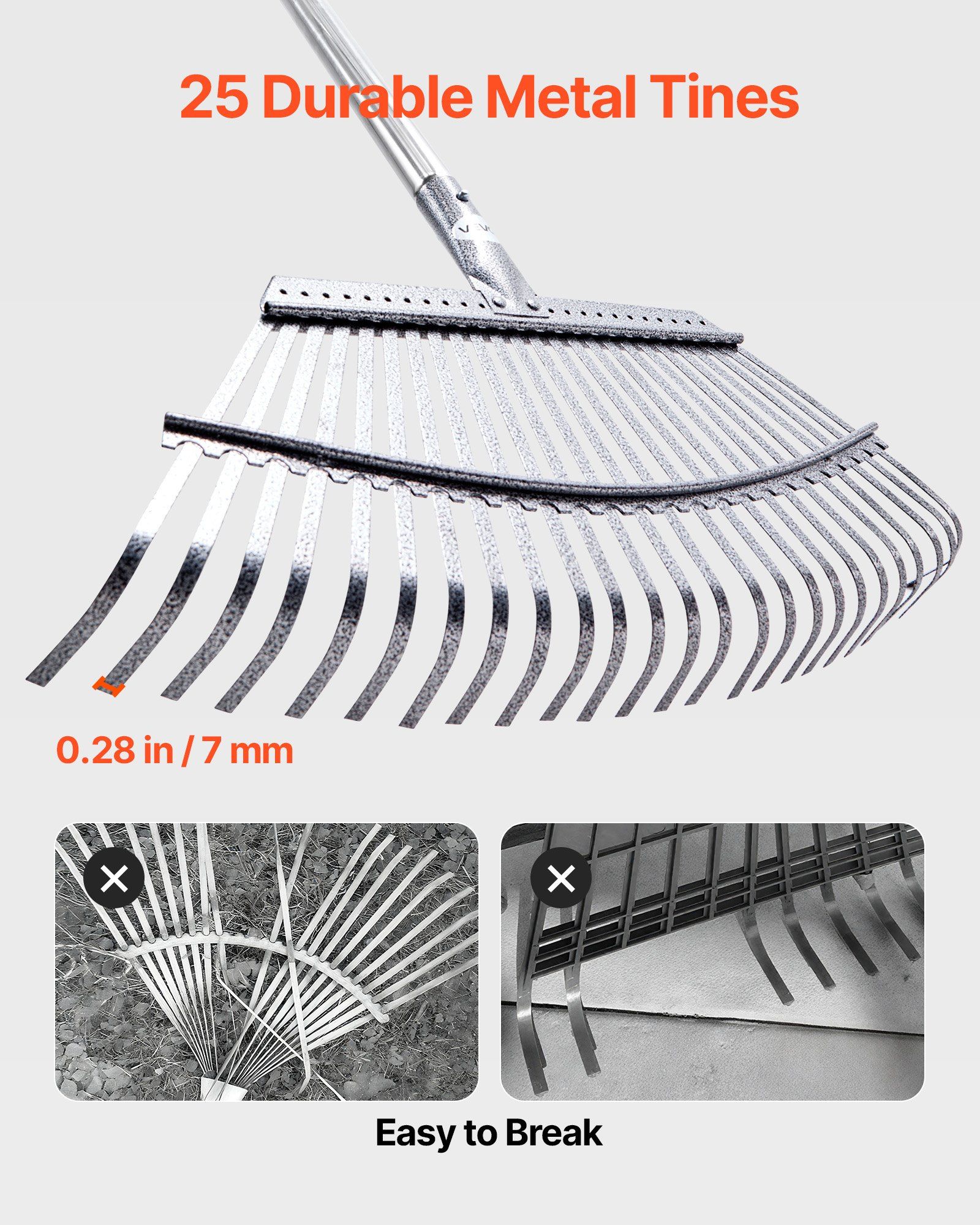 Mini Metal Rake Heavy Duty 25-Tine Metal Leaf Rake, Adjustable 36.4-72.8 Inch Handle ...