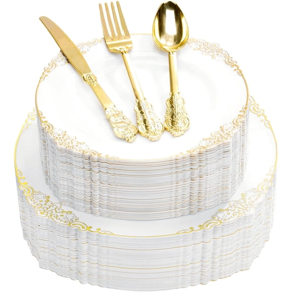 Heavy Duty 250 PCS Vintage White and Gold Rim Dinnerware for 50 Guests