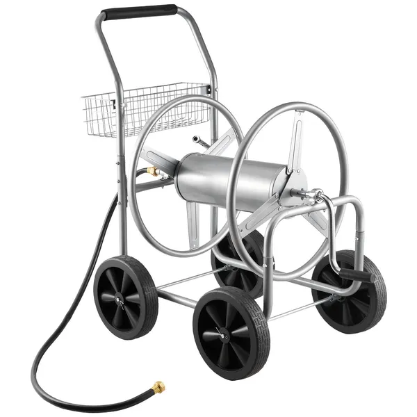 Heavy Duty 250 ft 5/8 Inch Garden Hose Reel Cart with 4 Wheels Storage Basket Powder Coated Steel Mobile Water Hose for Yard Lawn
