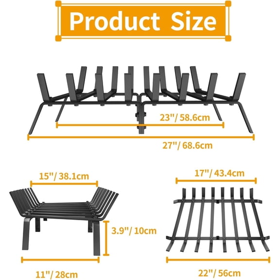 Heavy Duty 27 Inch Fireplace Grate, Solid Steel Log Rack for Wood Burning, Extra Wide Firewood Grates for Indoor Fireplace & Outdoor Fire Pit, Wood Stove Grate