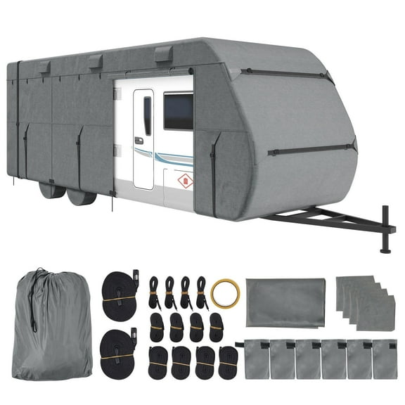 Heavy-Duty 28-31 ft Travel Trailer Cover, 300D Waterproof RV Camper Cover with Windproof Straps, Includes Storage Bag & Tire Covers
