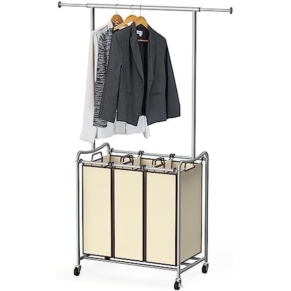 Heavy Duty 3 Bag Extendable Laundry Sorter Cart with Hanging Bar, Beige$$Home Decor, Kitchen, & Other