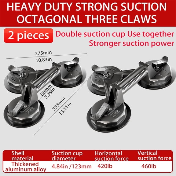 Heavy-Duty 3-Claw Glass Suction Cup | Professional Lifter for Heavy Tiles & Floor Tiles | Ultimate Glass Lifting Tool | 2-Piece Value Pack