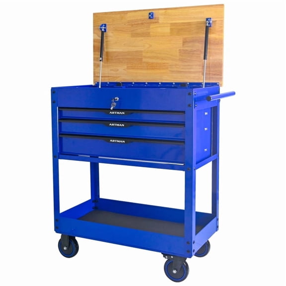 LuckyNote 3 Drawer Multifunctional Tool Cart with Wheels & Wooden Top, Heavy Duty Steel Rolling Tool Cabinet with Ball Bearing Slides, for Garage Workshop