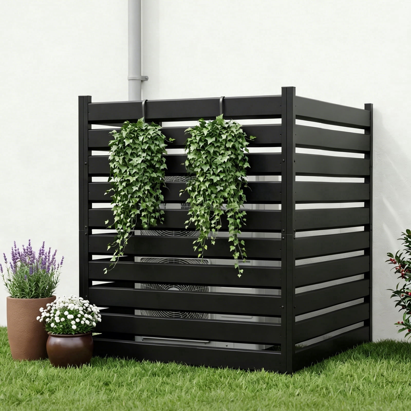 Heavy-Duty 3 Panels Metal Privacy Fence - Outdoor Decorative Screen for Garden, Patio, Balcony, AC Units, Trash Bin - 38"W x 42"H - No-Dig Installation -  Black