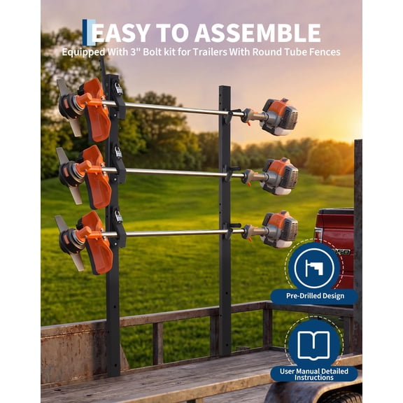 Heavy Duty 3-Place Weed Eater Rack for Trailers – Global Steel Trimmer Holder with 3 Locks & Foam Pads – Secure Storage for Landscaping Equipment – Fits Open and Enclosed Utility Truck Trailers